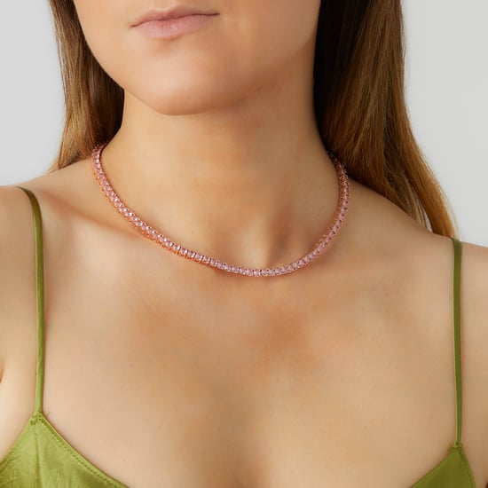 4mm 18k Rose Gold Plated Designer Tennis Necklace with Pink Stones - Image 2