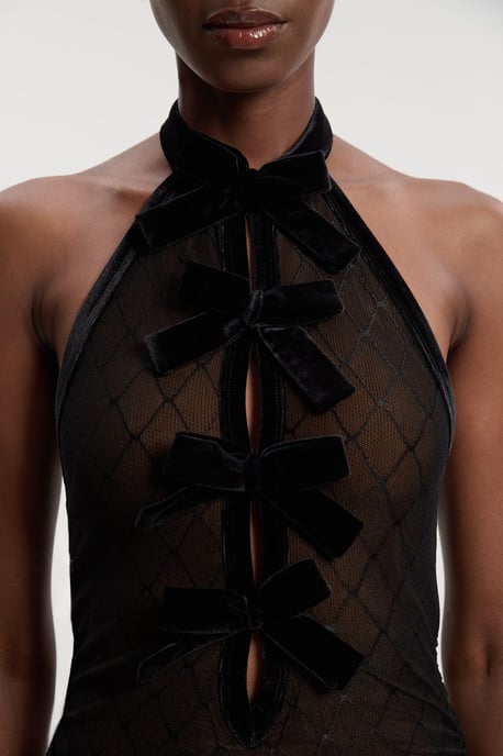 Mesh With Velvet Bow Trim Detail Halter Neck Midi Dress - Image 2