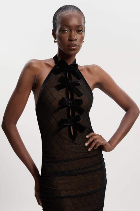Mesh With Velvet Bow Trim Detail Halter Neck Midi Dress - Image 3