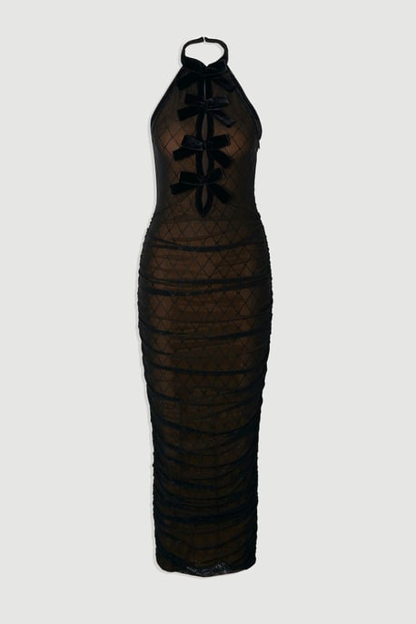 Mesh With Velvet Bow Trim Detail Halter Neck Midi Dress - Image 4