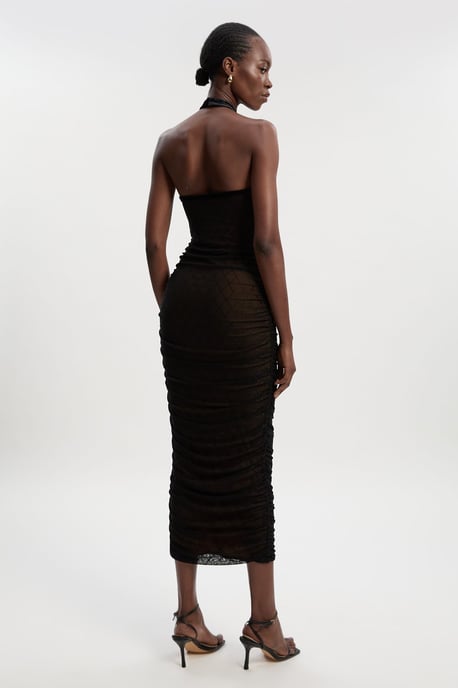 Mesh With Velvet Bow Trim Detail Halter Neck Midi Dress - Image 5