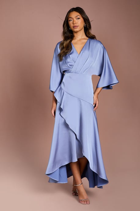 Satin Back Crepe Ruffle Wrap Midi Dress - Image 1