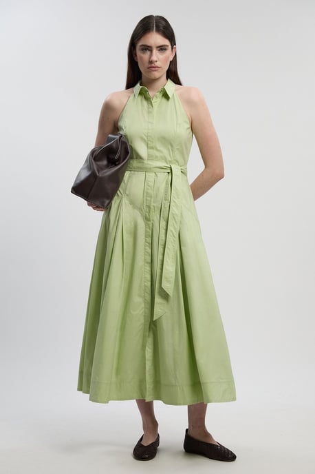 Cotton Collared Halter Neck Woven Midi Shirt Dress With Dropped Waist Detail - Image 1