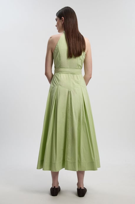Cotton Collared Halter Neck Woven Midi Shirt Dress With Dropped Waist Detail - Image 4