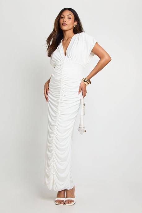 Maternity Double Layer Ruched Plunge Batwing Maxi Dress - Image 1