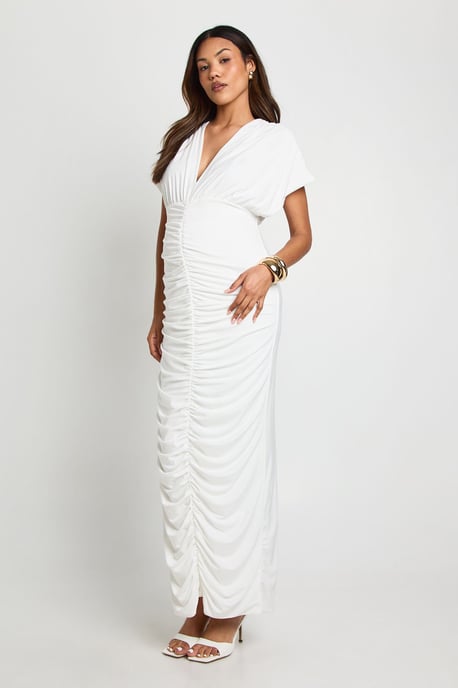 Maternity Double Layer Ruched Plunge Batwing Maxi Dress - Image 3