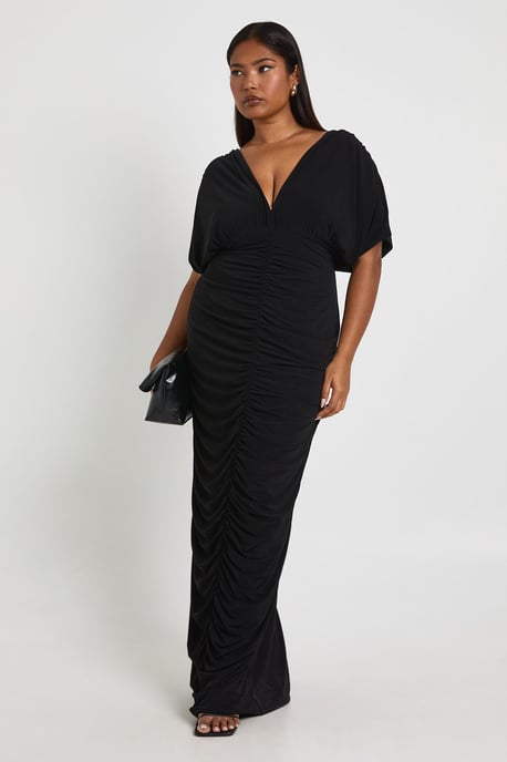 Plus Double Layer Ruched Plunge Batwing Maxi Dress - Image 1