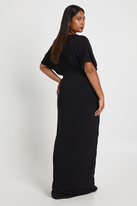 Plus Double Layer Ruched Plunge Batwing Maxi Dress - Image 2
