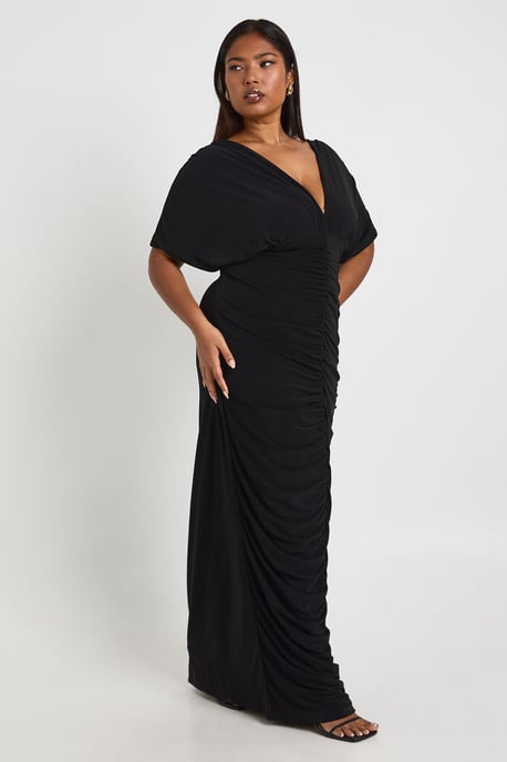 Plus Double Layer Ruched Plunge Batwing Maxi Dress - Image 3