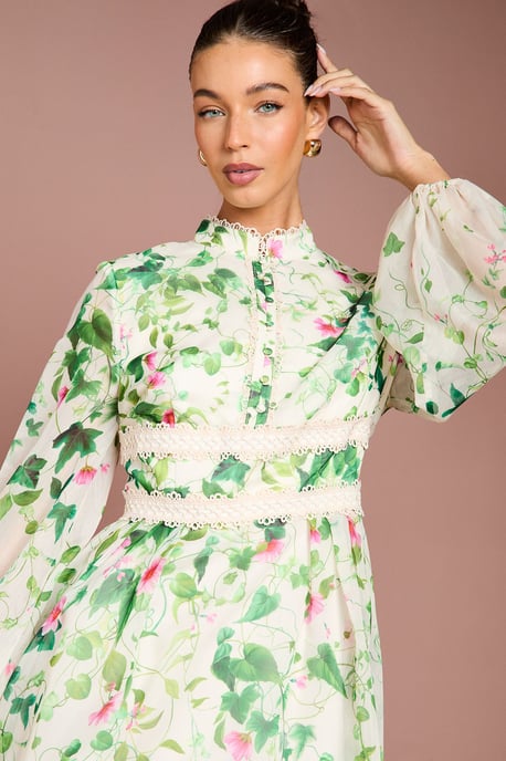 Long Sleeve Placement Print Organza Midi Dress - Image 2