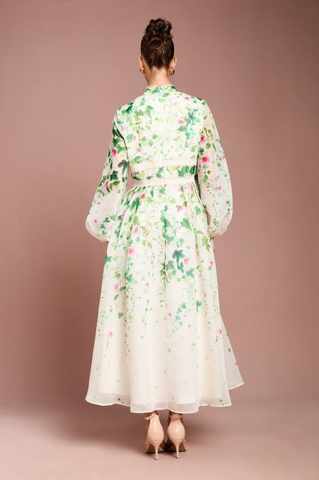 Long Sleeve Placement Print Organza Midi Dress - Image 3