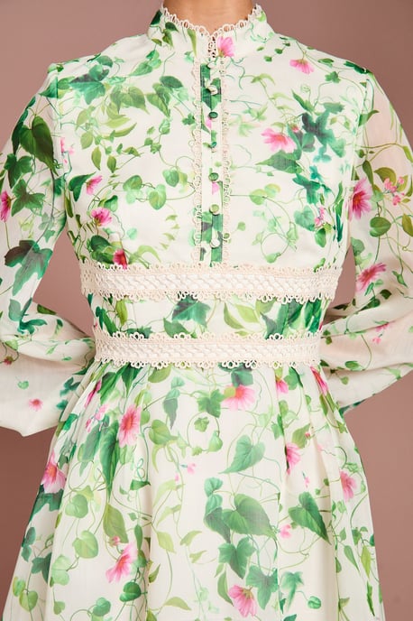 Long Sleeve Placement Print Organza Midi Dress - Image 4