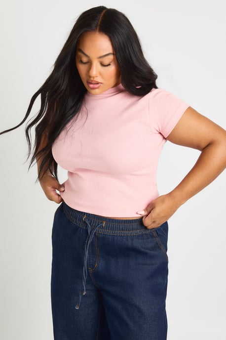 Plus Basic Rib Short Sleeve Fitted Top - Image 1