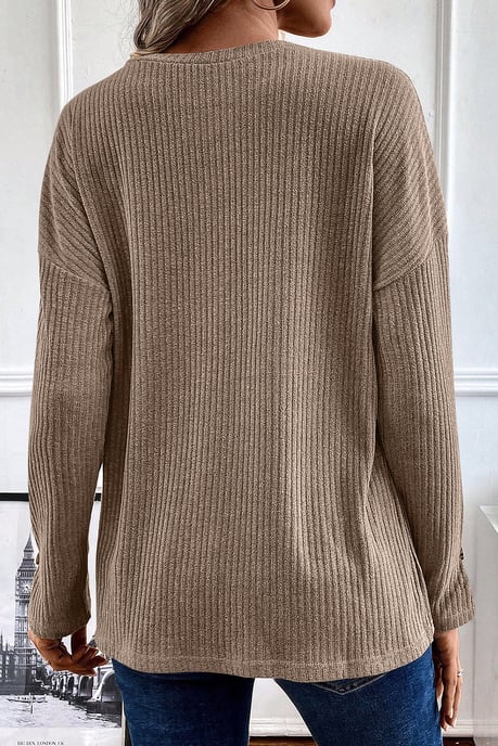Pale Khaki Rib Textured Henley Knit Top - Image 3