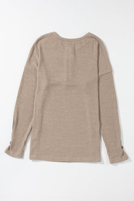 Pale Khaki Rib Textured Henley Knit Top - Image 6