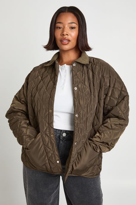 Plus Quilted Contrast Collar Casual Jacket - Image 1