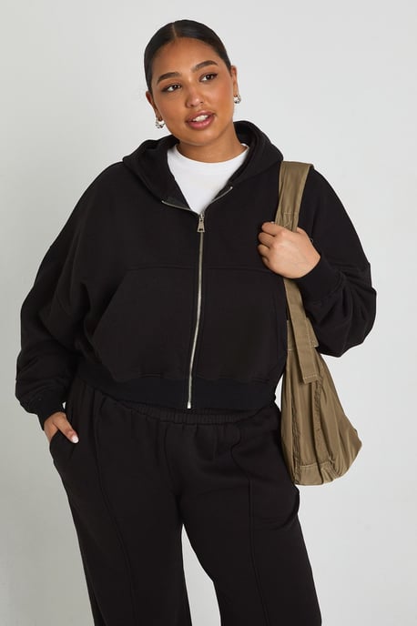 Plus Core Basic Boxy Balloon Sleeve Oversized Zip Through Hoodie - Image 1