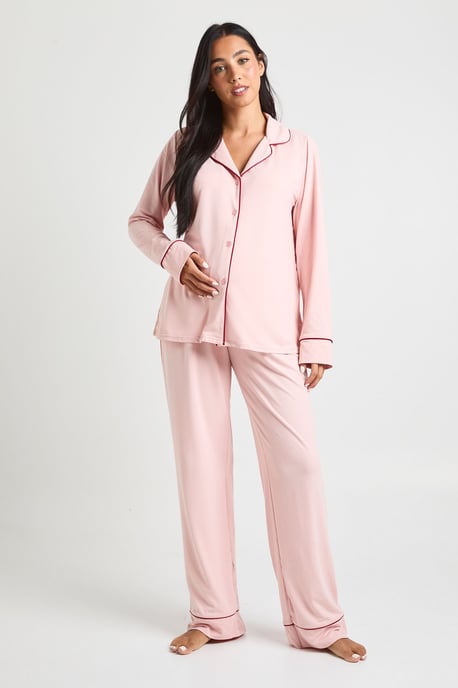 Maternity Piping Detail Long Sleeve Shirt & Trouser Pyjama Set - Image 3