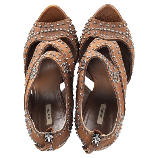 Miu Miu Studded Peep-Toe Platform Pumps in Brown Leather - Image 3