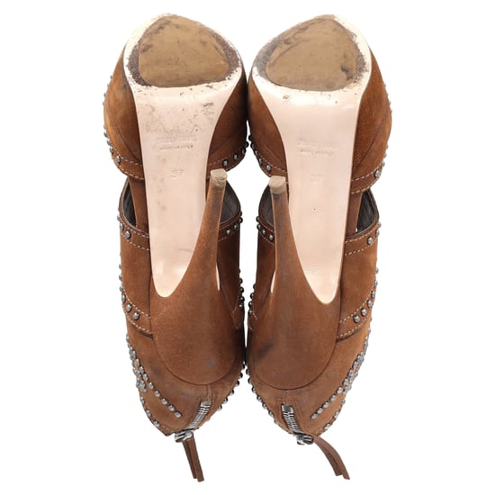 Miu Miu Studded Peep-Toe Platform Pumps in Brown Leather - Image 6