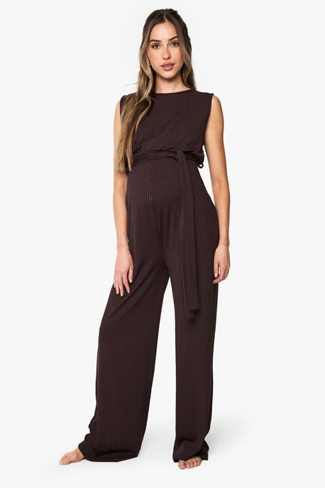 Maternity Rib Belted Sleeveless Lounge Jumpsuit - Image 1