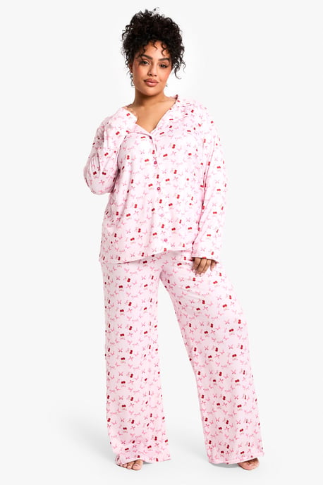 Plus Cherry Print Long Sleeve & Trouser PJ Set - Image 1