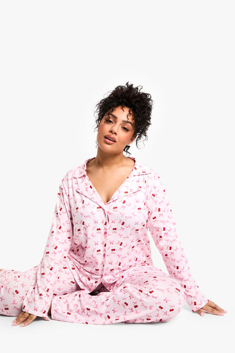 Plus Cherry Print Long Sleeve & Trouser PJ Set - Image 3