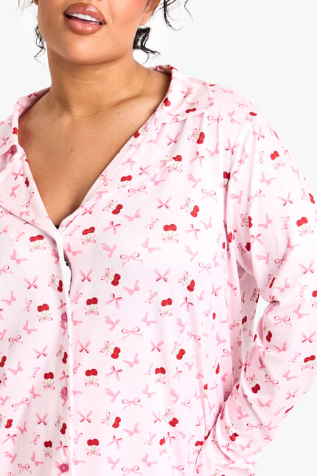 Plus Cherry Print Long Sleeve & Trouser PJ Set - Image 4