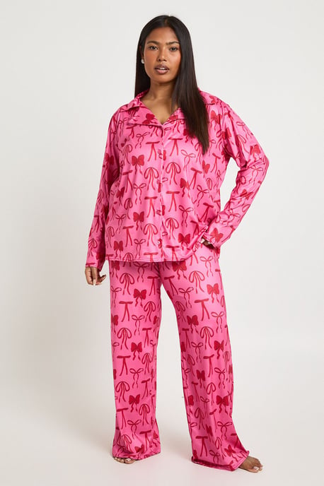 Plus Bow Print Long Sleeve & Trouser PJ Set - Image 1