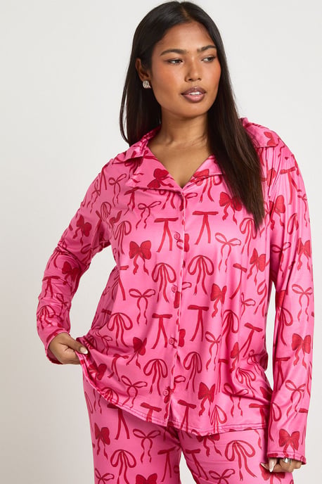Plus Bow Print Long Sleeve & Trouser PJ Set - Image 3