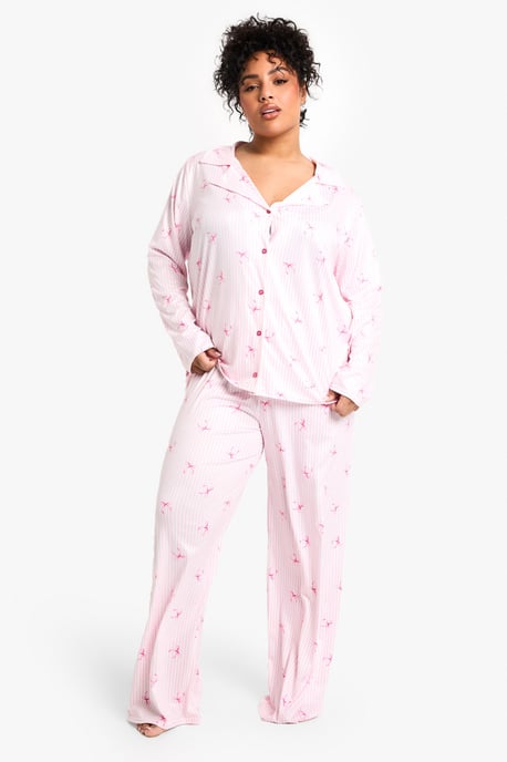Plus Bow Stripe Print Long Sleeve & Trouser PJ Set - Image 3