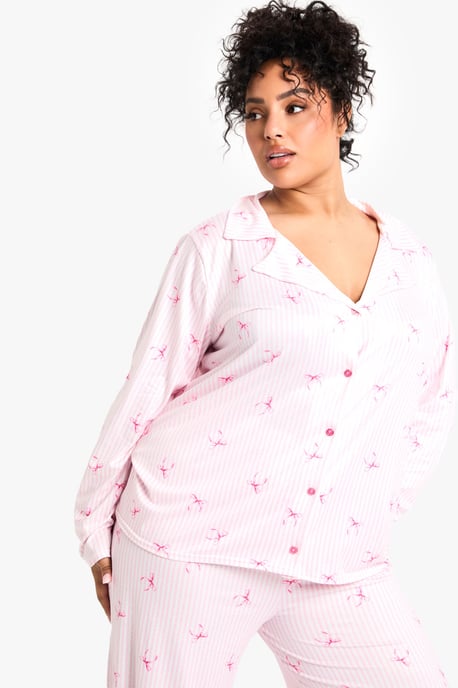 Plus Bow Stripe Print Long Sleeve & Trouser PJ Set - Image 4