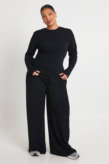 Plus Rib Button Through Long Sleeve Top & Trouser Co Ord - Image 1