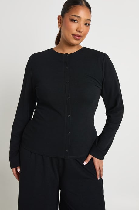 Plus Rib Button Through Long Sleeve Top & Trouser Co Ord - Image 4