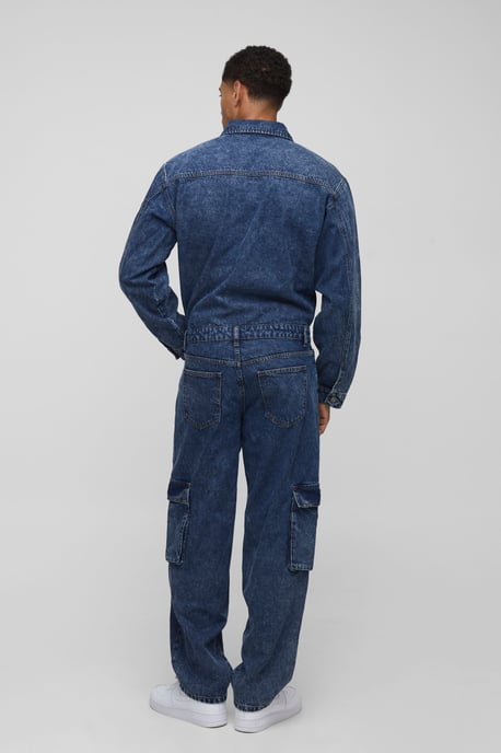 Long Sleeve Relaxed Washed Cargo Denim Boilersuit - Image 2