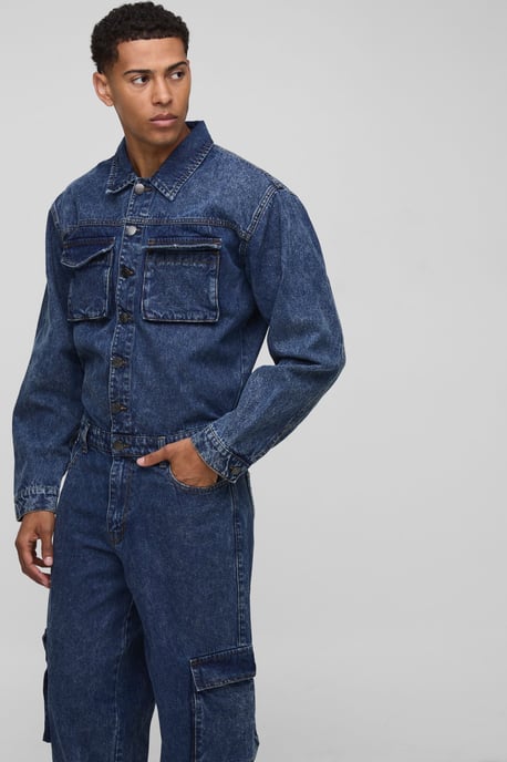 Long Sleeve Relaxed Washed Cargo Denim Boilersuit - Image 3