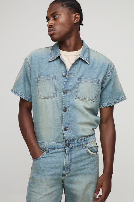Short Sleeve Relaxed Washed Denim Boilersuit - Image 3