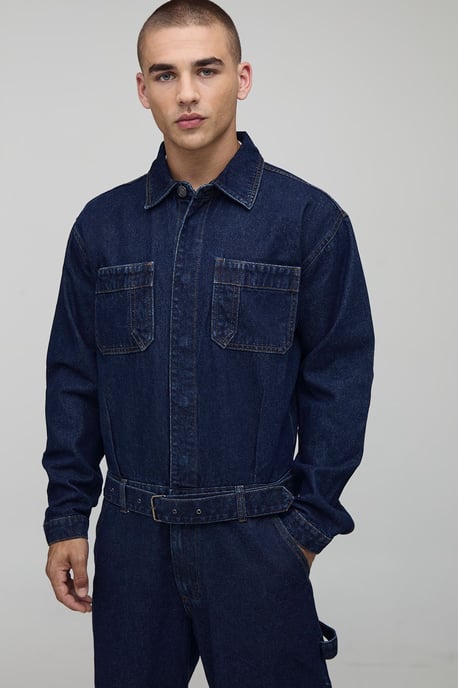 Long Sleeve Relaxed Fit Indigo Belted Boilersuit - Image 3