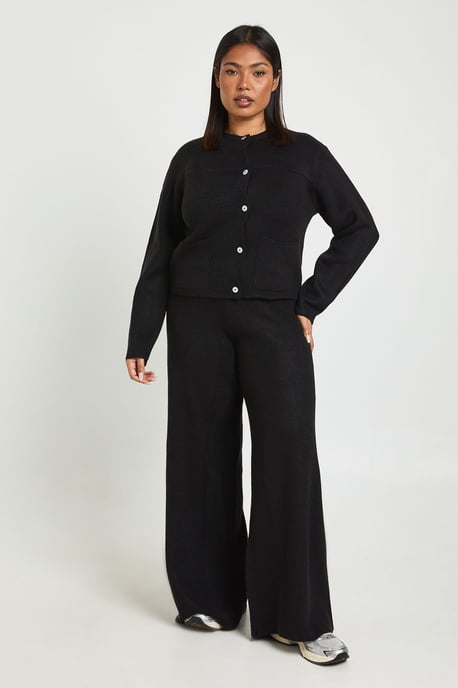 Plus Crew Neck Button Down Ballon Sleeve Cardigan And Wid Leg Trouser Co Ord - Image 1