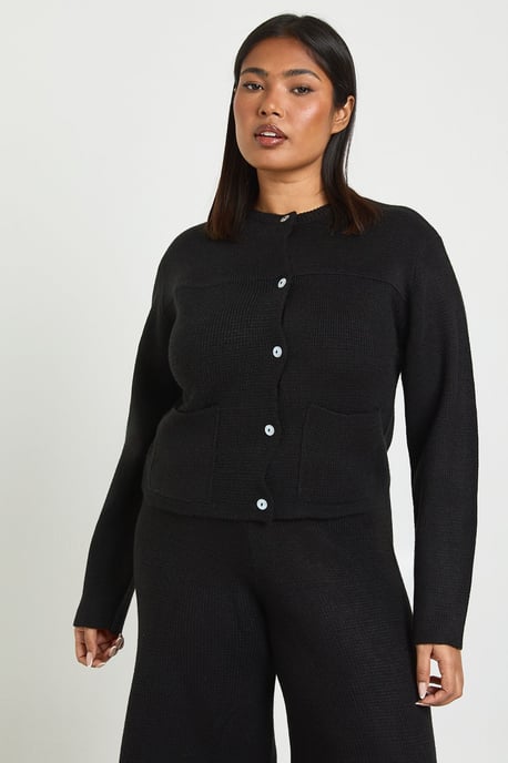 Plus Crew Neck Button Down Ballon Sleeve Cardigan And Wid Leg Trouser Co Ord - Image 3