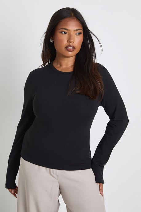 Plus Basic Long Sleeve Fitted Longline Top - Image 1
