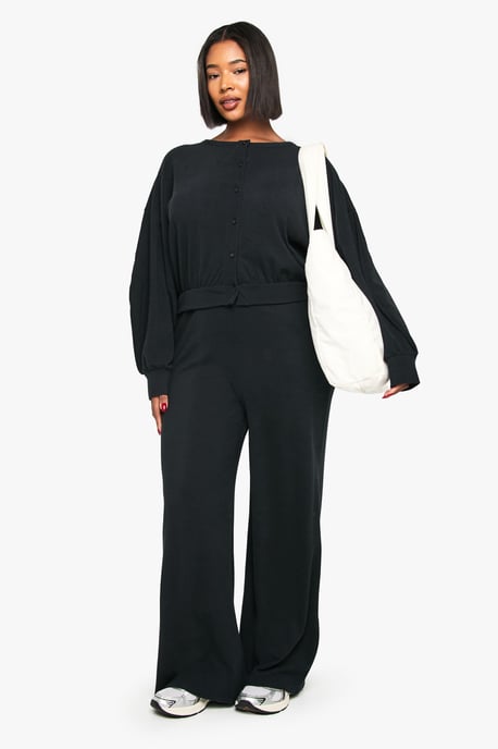 Plus Ribbed Button Down Cardigan and Wide Leg Trouser - Image 3