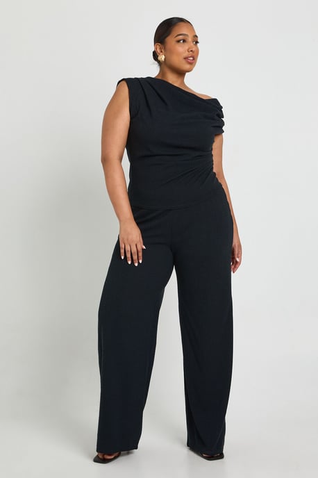 Plus Ribbed Asymmetric Top and Wide Leg Trouser - Image 3