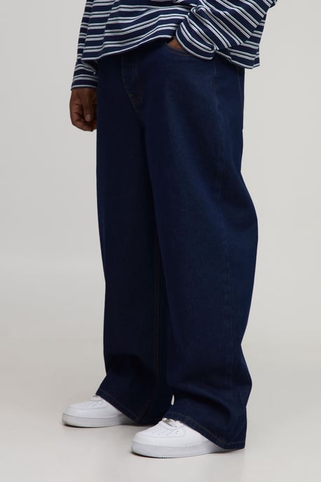 Plus Indigo Wash Contrast Stitch Seam Detail Relaxed Fit Jeans - Image 1