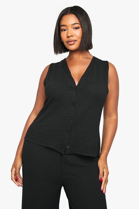 Plus Textured Button Through Sleeveless Top - Image 1