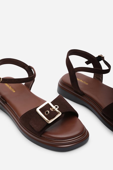 Where's That From Womens Coastal Front Buckle Flatform Dark Brown Suede Sandal - Image 5