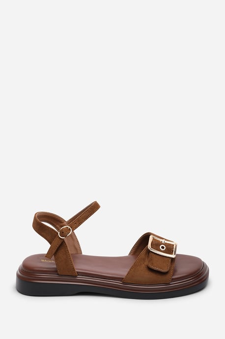 Where's That From Womens Coastal Front Buckle Flatform Cognac Suede Sandal - Image 2