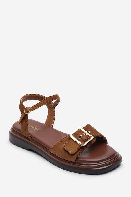 Where's That From Womens Coastal Front Buckle Flatform Cognac Suede Sandal - Image 3