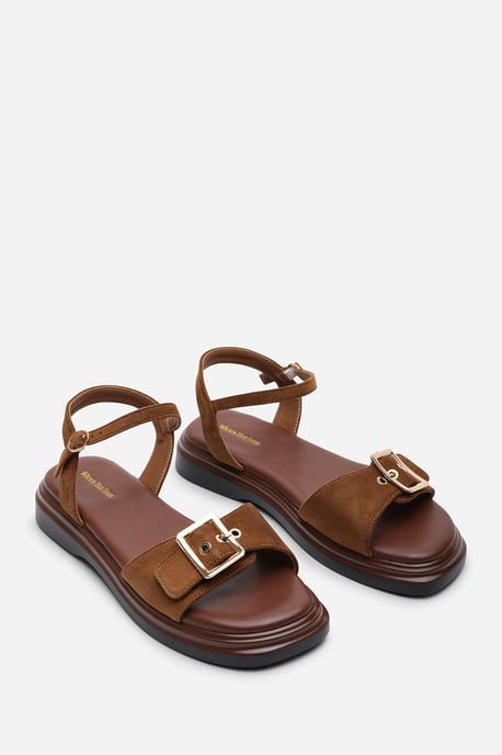 Where's That From Womens Coastal Front Buckle Flatform Cognac Suede Sandal - Image 4