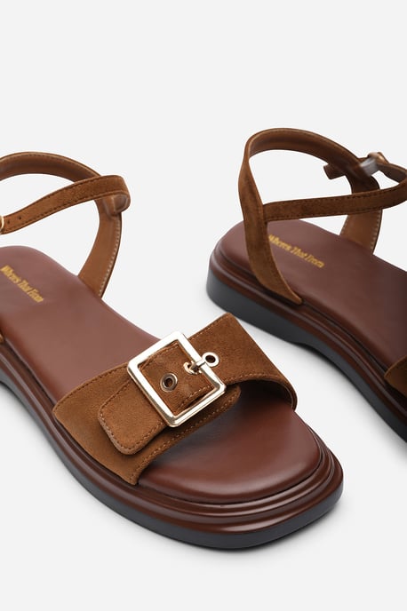 Where's That From Womens Coastal Front Buckle Flatform Cognac Suede Sandal - Image 5